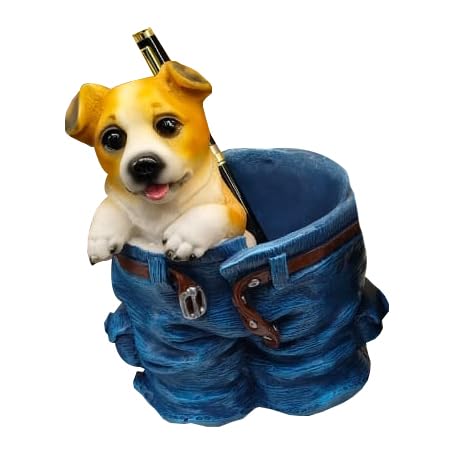 Image of Resin Cute Dog Decorative Pen Stand, Office Desk Organizer for Kids Study Table, Stationary Holder Gift, Blue Denim Design
