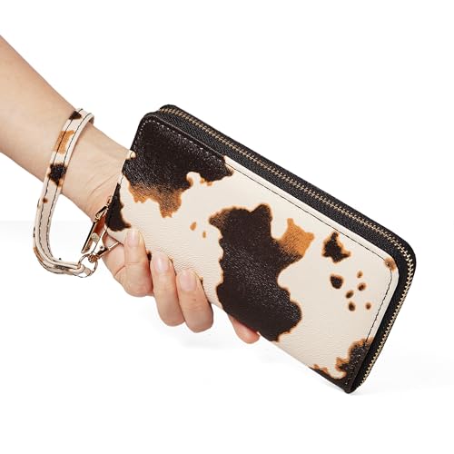 Image of Checkered Cow Print Wallet For Women Skull Goth Frog Butterfly Turtle Ladies Cluth Wristlet Wrist Strap Long Purse Zip Around Card Holder