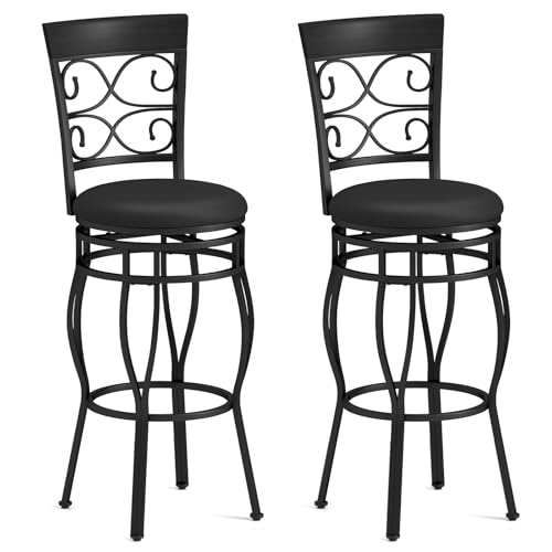 Giantex 30" Swivel Bar Stools Set of 2, Bar Height Bar Stools with Back, Upholstered PU Leather Seat, Footrest, Max Load 330Lbs, Vintage Metal Barstools for Kitchen Island, Dining Room, Pub, Black