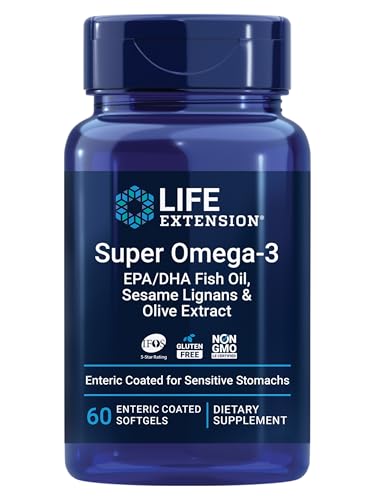 Life Extension Super Omega-3 EPA/DHA Fish Oil Sesame Lignans & Olive Extract Heart Health Brain Health Inflammation Health Support Gluten-Free Enteric-Coated Non-GMO 60 Softgels