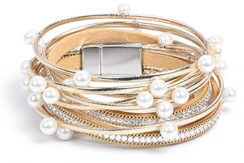 Artilady Leather Wrap Bracelet for Women, Pearl Beaded Bangle Stack Jewelry