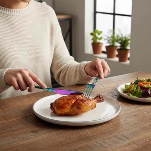 Image of 8 Pcs Rainbow Slim Handle Stainless Steel Cutlery Set for Dining Table with Spoons and Forks Set + Butterknives - The Perfect Tableware /Flatware