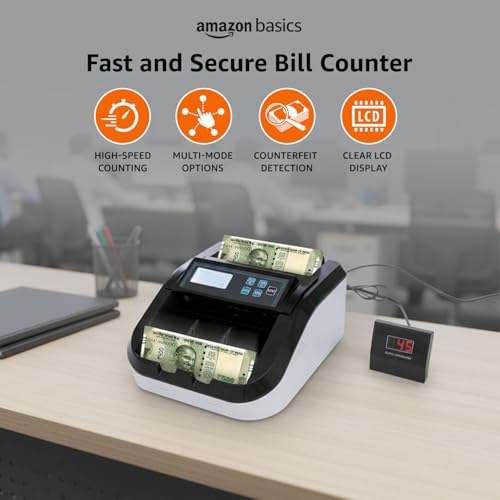 Image of Amazon Basics Note Counting Machine, 1100 Notes Per Minute Speed | UV /Magnetic /Infrared /Counterfeit Detector, Suitable for Counting Rupees, Note Counter with LCD Display, Value Counting