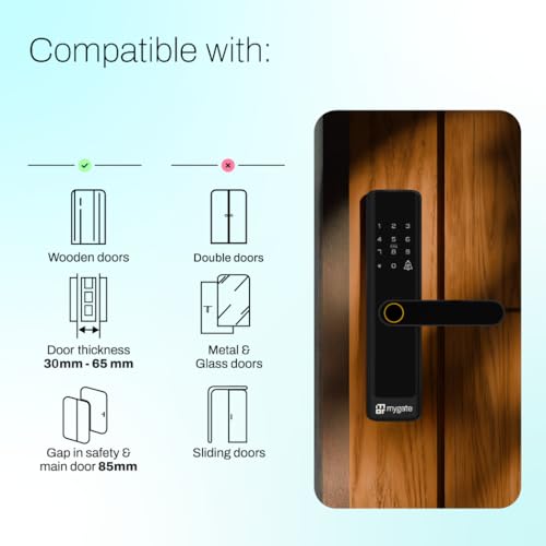 Image of Mygate Smart Door Lock SE with 6 Unlock Methods | Fingerprint, OTP, PIN, RFID Card, Key & Mobile App Access | Unauthorized Freeze & Pin Decoy | Remote Unlocking via OTP| 3-Year Warranty by Mygate