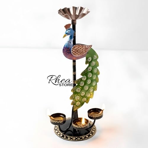 Image of Metal Peacock Candle Holder, Multicolour Iron Tealight Stand for Table Decoration Item, Corporate Bulk Gifting and Festive House Lighting Showpiece (14x10x34 CM)