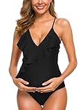 Tempotrek One Piece Maternity Swimsuits Ruffle Flounce Swimwear Falbala Halter Monokini Deep V Neck Bathing Suits (Black#, L)