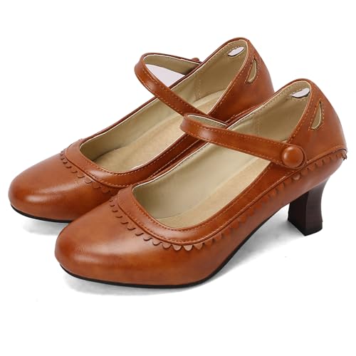 Retro Kitten Heel Round Toe Brogue Ruffles Women Pumps3