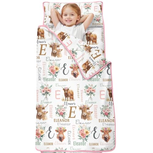 Personalized Name Toddlers Nap Mat for Daycare Preschool Kindergarten, Customized Highland Cattle Kids Sleeping Bag with Pillow & Blanket, Farm Theme Cow Toddler Napping Mats for Girls Boys