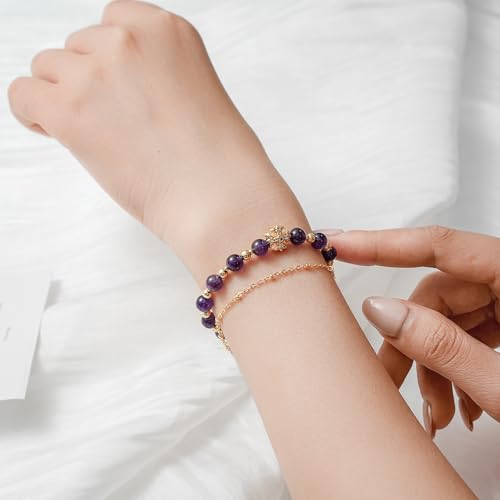 NeoHundreds Handmade Purple Crystal Bracelet for Women, 14K Gold Plated Cross Pendant Bracelet, Adjustable Natural Healing Crystal Jewelry, Gift for Girlfriend, Daughter, Mother's Day — view 4