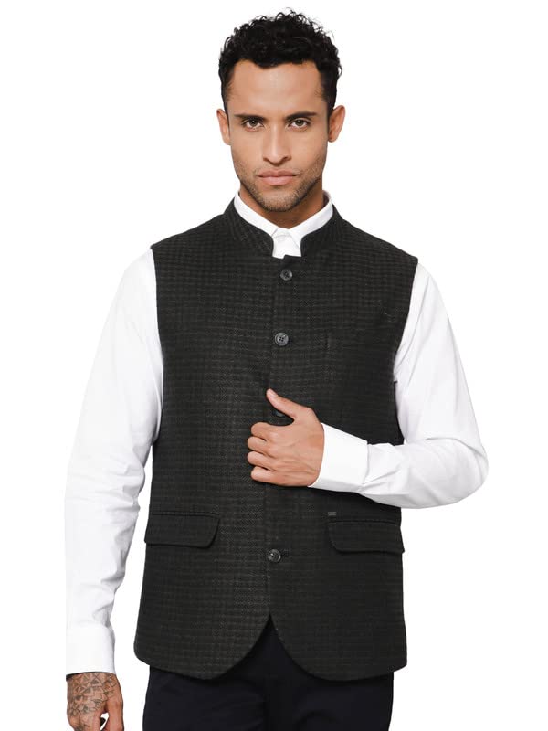 cantabil Men's Self Design Green Mandarin Collar Waist Coat-picture-40