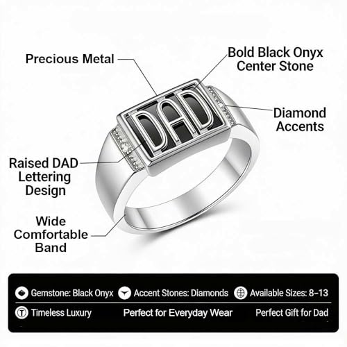 Image of Rylos Designer DAD Ring With Diamonds and Black Onyx Set in Sterling Silver Size 10