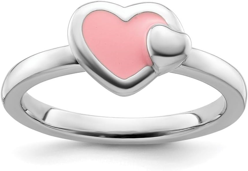Diamond2Deal Sterling Silver Stackable Polished Pink Enameled Heart Band Ring Size 5 to 8