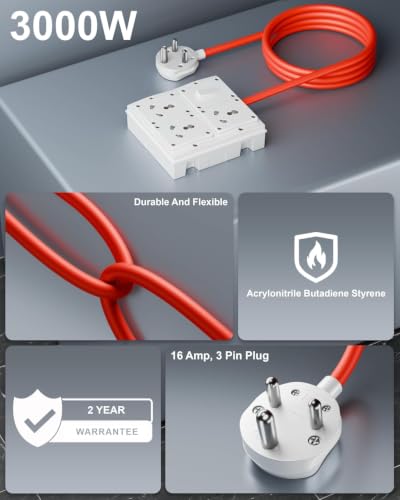 Image of FEDUS 16amp 3000 Watts 1 Meter Cable Heavy Duty High Load Capacity Electric Power Extension Switch Board Cord with 3 Socket 1 Switches,for Oven,EV Charger Charging,Iron Press,Induction Stove,AC