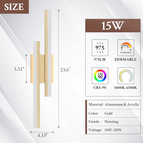 Image of LED Wall Sconce Gold Modern Remote Wall Light Fixtures for Living Room, Dimmable LED Vanity Light Indoor Remote Wall Sconce for Bedside Bedroom Bathroom Dining Room, L23.6inch 1 Pack