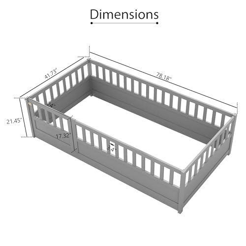 Image of Bellemave Twin Size Kids Montessori Floor Bed,Solid Wood Floor Bed Frame with High Fence and Lockable Door for Kids,Girls,Boys,Twin,Grey