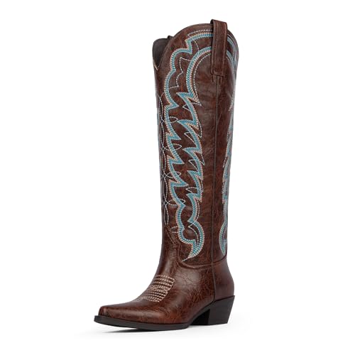 Modatope Cowgirl Boots Women Brown Pointed Toe Chunky Heel Embroidered Cowboy Knee High Boots Pull on Tab Fashion Retro Western Wide Calf Boot Size 6.5