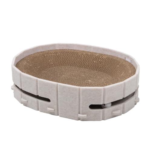 VOKINO Interactive Cat Scratcher Lounge Bed Heavy Duty Corrugated Cardboard Cat Scratching Pad Bowl with Built-in Track & 2 Bell Balls for Indoor Cats Claw Care and Rest Cat Scratching Bowl, Beige