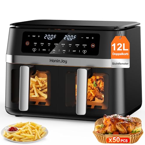 HoninJoy 12L Heißluftfritteuse 2 Kammern mit Sichtfenster,12-in-1 Airfryer Doppelkammer mit