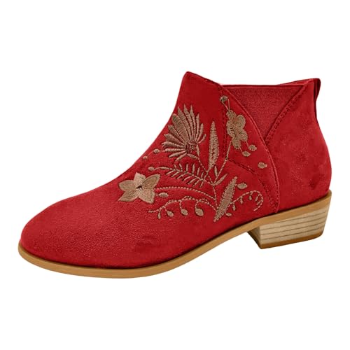 Generisch Mode Femmes Flock Square Talons Fermeture éclair Fleur Broderie Bottines Courtes Bout Rond Chaussures, rouge, 37 EU