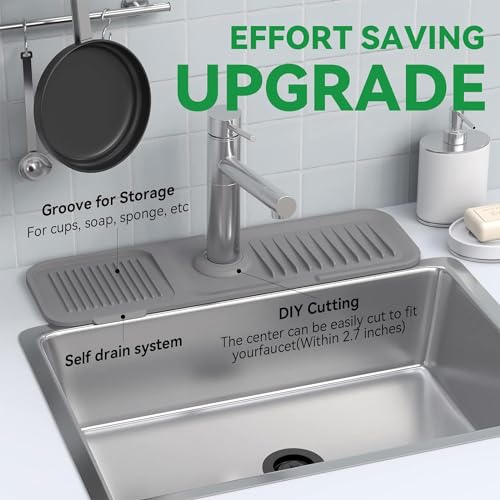 Image of Sink Mat for Faucet | Absorbent Faucet Splash Guard with Adjustable 1.5-2.7 Inch Hole | Quick-Dry, Washable Drip Catcher for Kitchen & Bathroom Sink (17.7 x 5.5 x 0.39 Inch, Dark Grey)