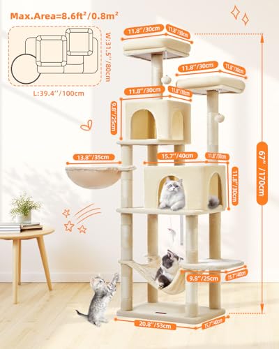 Image of Taoqimiao Cat Tree, 67 in Tall Cat Tower with 2 Plush Cat Condos | 7 Scratching Posts, 2 Top Perches, Cozy Hammock & Basket, Indoor Cats, 2 Pompoms & Mouse Toy, Beige, MS013M