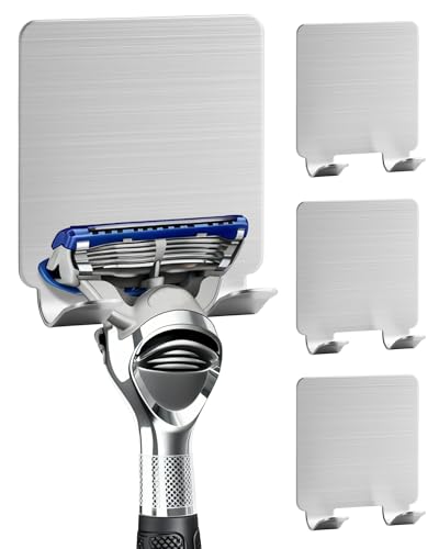 Acual Rasierer Halterung Dusche, 4 Stück Edelstahl Rasierer Halter,Silber Rasierhalter Dusche Ohne Bohren, Selbstklebende Rasierer Aufhänger Dusche Geeignet für Tür Wand Badezimmer, Küche