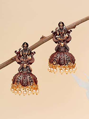 Karatcart Antique Gold Plated Maroon Mata Laxmi Jhumki Earrings for Women - Image 3