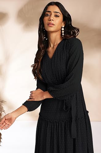 Image of Janasya Women's Dobby Chiffon Woven Design Tiered Dress