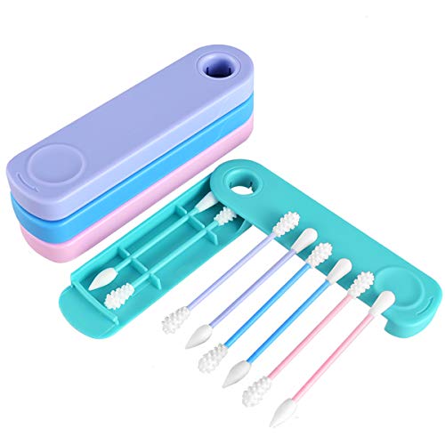 Nabance 4 PCS Coton-tige Réutilisable Coton-tige de Silicone Lavable Écologique Double Face Coton-Tige Propre Oreilles Cosmetic soin des bébés Avec étui de Rangement (Rose,Violet,Vert,Bleu)