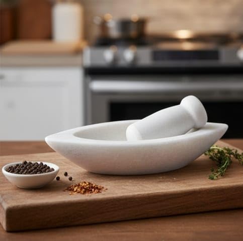 Image of Marble Mortar and Pestle Set Stone, Khalbatta, Kharal, Okhli, Imamdasta, Musal, Masher, Mixer, Idikallu, Silbatta for Kitchen Boat Shape 7 Inch