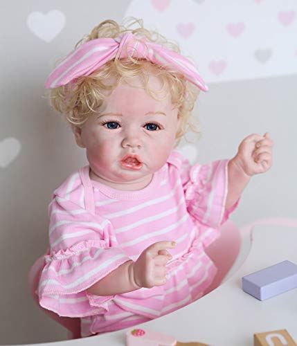 Angelbaby Cute Reborn Baby Girl Dolls with Blonde Hair Look Realistic Full Body Silicone 22 inch Reborn Newborn Baby with Pink Clothes