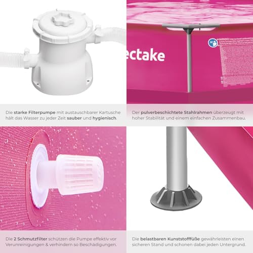 tectake® Swimming Pool, Aufstellpool Komplettset groß, Swimmingpool rund, Leichter Auf- und Abbau, Schwimmpool für Garten, Planschbecken groß Ø 360 x 76 cm - pink