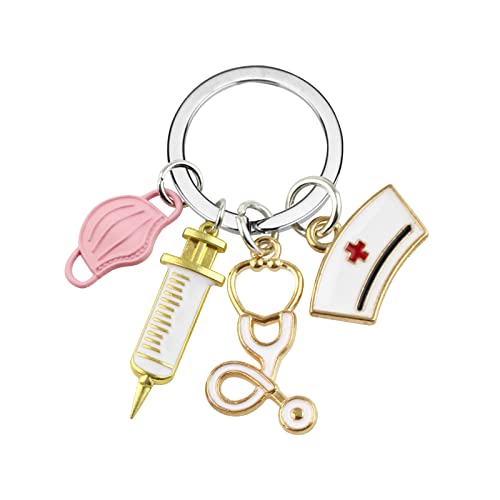 BASTOUR Infirmière Porte-clés avec Seringue Bonnet et Stéthoscope, Creative Porte-clés Femme, Porte Clés Personnaliser, Médecin Infirmière Cadeaux, Porte-clés en Métal (Rose)