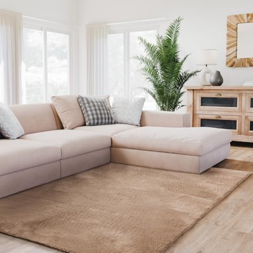 Interiyou Tapis Salon Fargo à Poils Ras - 120x170 Taupe - Fausse Fourrure Douce - Lavable et antidérapant - Texture Moelleuse - pour Chambre, Bureau, Couloir