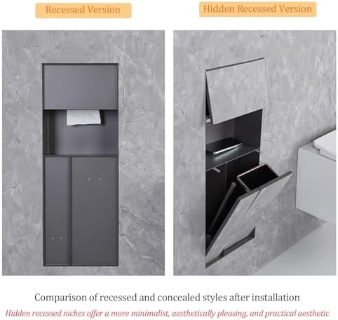 Stainless Steel Hidden Trash Can Cabinet with LED Light, Recessed Toilet Paper Holder & Brush Set, Space-Saving Storage Solution for Bathrooms & Restrooms