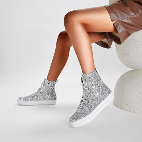 UBWDU Women's High Top Glitter Tennis Sneaker Platform Sneaker with Zipper Rhinestone Bling Wedding Bridal Shoes Shiny Sequin Shoes2