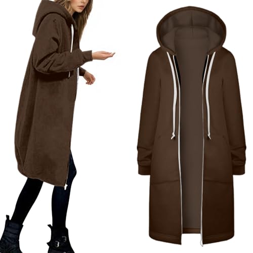 GOSEAGOTOFUN Womens Fleece Jacket Long Zip Up Hoodie Oversized Casual Long Sleeve Sweatshirts Fall Winter Fashion Warm Coat 01-Brown Medium - image 3