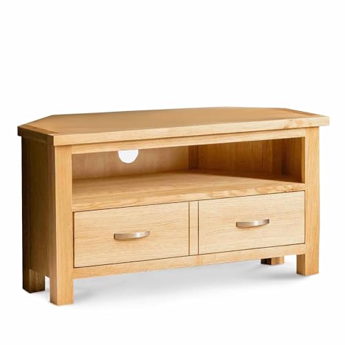 RoselandFurniture London Oak Corner TV Unit | 90 cm Solid Wood Light Oak Television Cabinet Stand Suitable for TVs up to 40 inches for Living Room or Bedroom, Fully Assembled