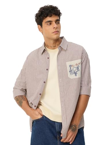 Image of The Souled Store Cotton Linen Stripes: Apricot Men and Boys Long Sleeves Collared Neck Orange Stripes Regular Fit Lightweight Comfortable Summer Cotton Linen Shirts