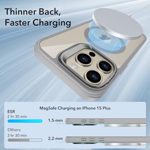 Image of ESR for iPhone 15 Pro Max Case, Compatible with MagSafe, Military-Grade Protective Case, Built-in Stash Stand Phone Case, Scratch-Resistant Back Cover, Classic Series,Clear Grey