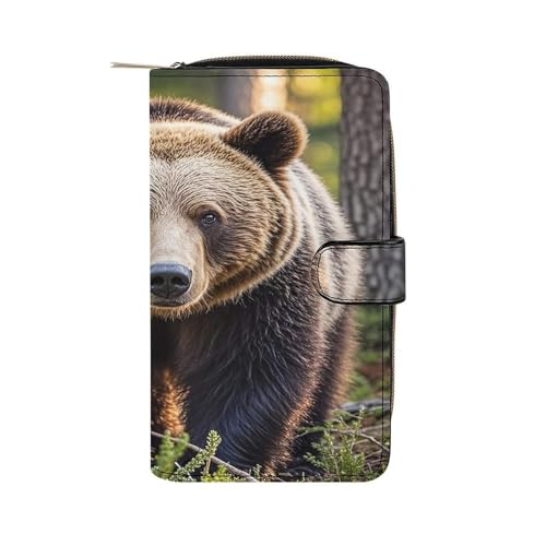 Bear Leather Wallet Long Checkbook Wallets Classic Bifold Ladies Clutch with ID Window