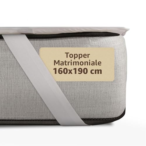 SONIT Topper Materasso Matrimoniale 160x190 cm Made in Italy, Correttore Morbido Spessore 3,5 cm con Fibra Cava Siliconata, Anallergico Traspirante Termoregolante con Elastici 5,5 cm