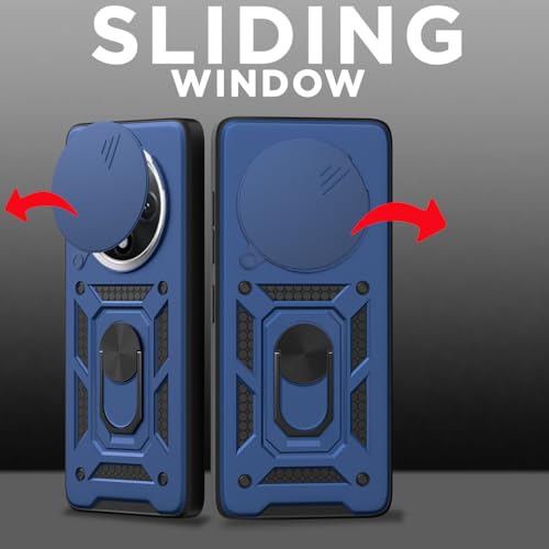 Image of Pikkme Back Cover for Oppo F27 Pro Plus 5G | 360 Protection Case | Sliding Camera Shield Cover & Ring Holder Stand D10 Tough Armor Bumper Case (Blue)