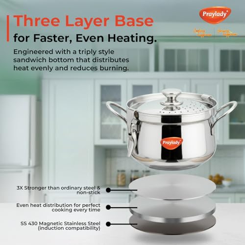 Image of Praylady Baby Boss Chef-Grade Stainless Steel Strainer Pot | 6L | 24 CM | Lock-&-Pour Lid | Induction Compatible | Cook & Drain Pot for Pasta, Rice, Maggi & Spaghetti | ISI & BIS Certified