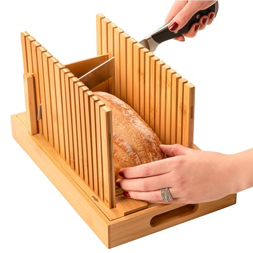 Bambüsi New Upgrade Bread Slicer for Homemade Bread - Bamboo Bread Cutter Adjustable Width, Foldable Bread Slicing Guide with Crumb Tray - Loaf Slicer for Cakes, Bagels, Kitchen Gifts (No Knife)