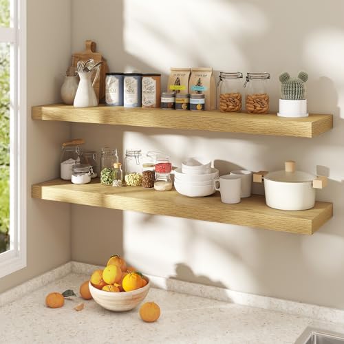 Image of Dreamland 48 Inch Floating Shelves for Wall,8 Inch Deep Floating Shelves,48 inch W x 8 inch D Wall Shelves for Bedroom,Living Room,Kitchen,Bathroom,Oak Color,Set of 2
