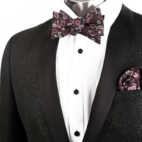 Image of Alizeal Mens 2pcs Floral Bow Tie Set | Self-tied Elegant Pocket Square Set for Wedding