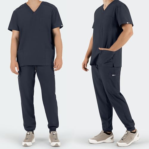 B-well MATTEO Herren-Schrubb-Set Schlupfkasack + JoggeR Hose Set Medizin Arzt Uniform Medizinische Berufsbekleidung mit Elastan (DE/NL/SE/PL, Alphanumerisch, XXL, Regular, Regular, Grau)