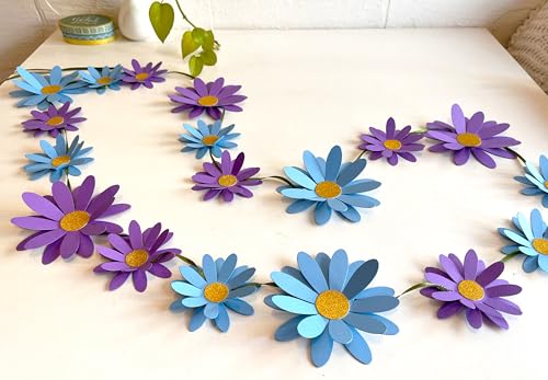 Image of Blue Daisy Flowers Paper Decoration. Included 18 Paper Flowers, Needle, 10 feet Satin Ribbon for Flower Garland and Sticky Foam Squares for Wall Decor.