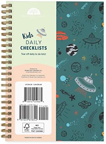 Kids Chore to Do List Daily Task Checklist Planner Time Management Notebook by Bright Day Non Dated Flex Cover Spiral Organizer 8.25 x 6.25 (Spaceships)
